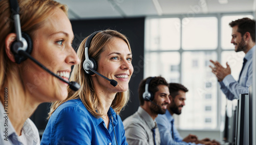 Customer service representatives with headsets smiling in a bright office environment