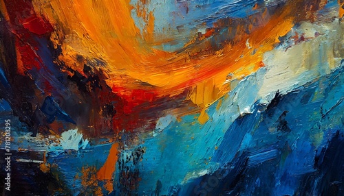 closeup of abstract rough colorful blue orange complementary colors art painting texture background wallpaper with oil or acrylic brushstroke waves pallet knife paint on canvas generative ai photo