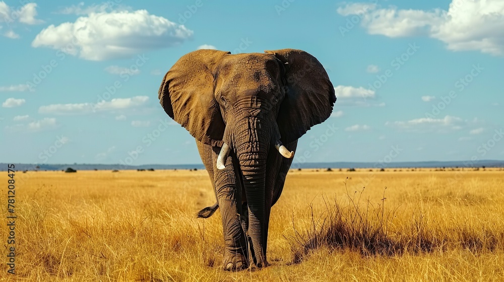 African elephant with long trunk and tusks walking alone along a dry savanna landscape during summer