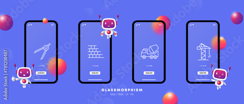 Construction set icon. Repair supplies, equipment, gradient, concrete mixer, heavy equipment, crane, hoist, tracks, compass, wall. Construction equipment concept. Glassmorphism style.