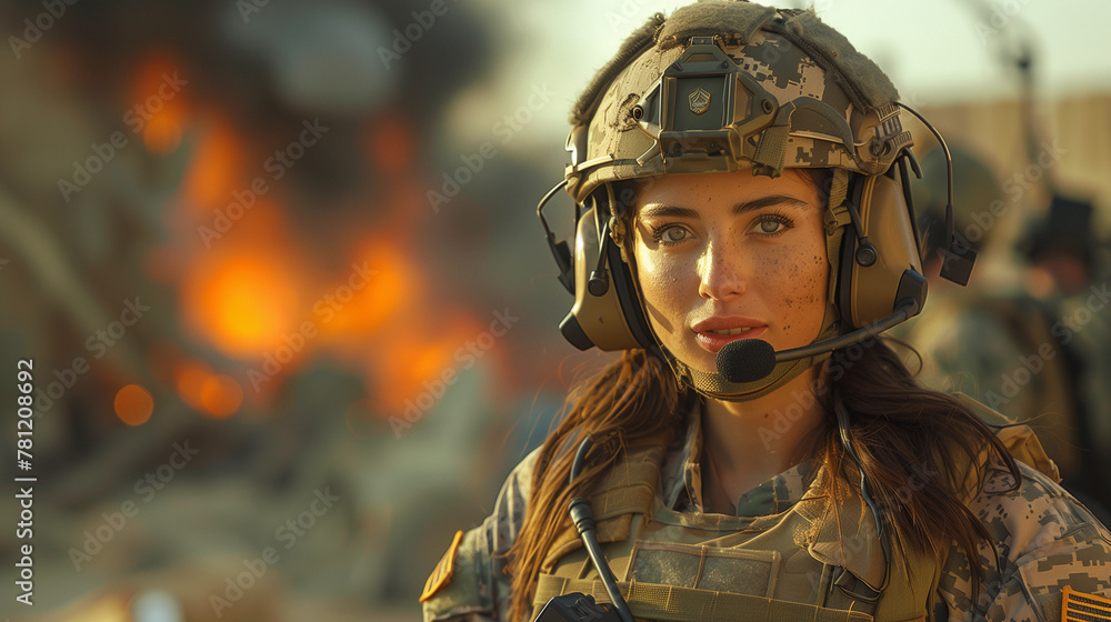 A girl reporting in a war zone is filming a report, a journalist is broadcasting live from a hot spot, there are explosions in the background, she is at war A girl reporting in a war zone is filming a report, a journalist is broadcasting live from a hot spot, there are explosions in the background, she is at war