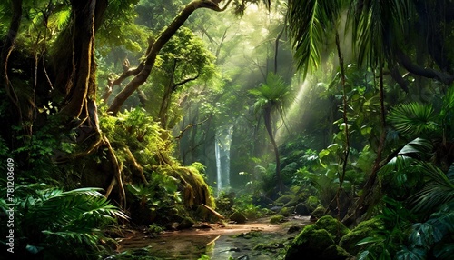 landscape illustration fantasy tropical nature forest environment with scenic green foliage digital art 3d environment © Dayami