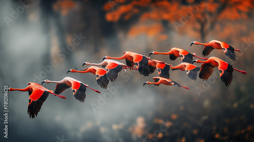 Flamingos in flight.