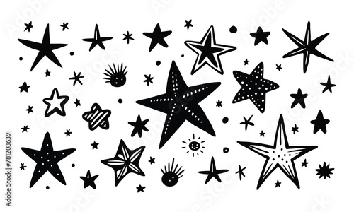 A set of Black hand drawn doodle stars icon pro set flat vector illustration on white background