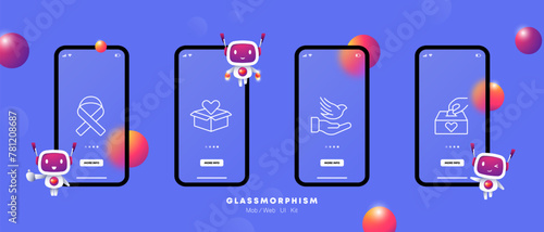 Charity icon set. Ribbon, fight against cancer, rehabilitation, donations, charity, hand, bird, piggy bank, coin, gradient. Giving your money for benefit of others concept. Glassmorphism style.