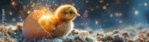 A baby chick is sitting on top of an eggshell. The chick is small and fluffy, and the eggshell is cracked open. The image has a warm and cozy feeling, as if the chick is just starting its life photo