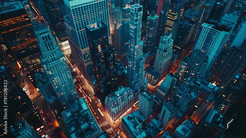 Drone photograph of a bustling cityscape at twilight, skyscrapers illuminated, busy streets below - obrazy, fototapety, plakaty 