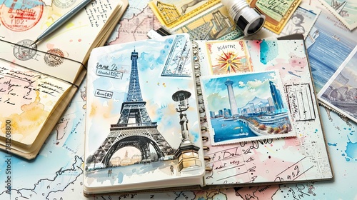 A spread of a traveler's notebook featuring artistic sketches and watercolor illustrations of world landmarks amidst travel ephemera.
