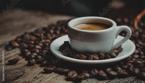 a freshly brewed espresso in a white cup surrounded by roasted coffee beans on a rustic wooden table