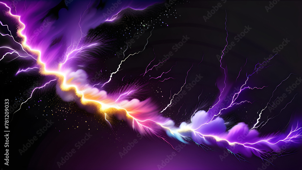 Obraz premium Purple Lightning Burst on Black Canvas, Thunderous Explosion Vibrant Scene, Dynamic Burst Purple Paint Surface, Striking Splatter Ebony Background(Generative AI)