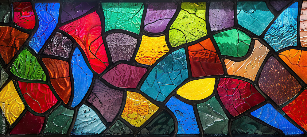 Multicolored stained glass with an irregular pattern Multicolored stained glass with an irregular pattern