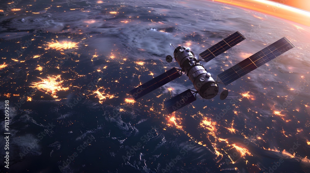 Fototapeta premium Aerial view of satellite with the earth in the background at night with the lights illuminating.