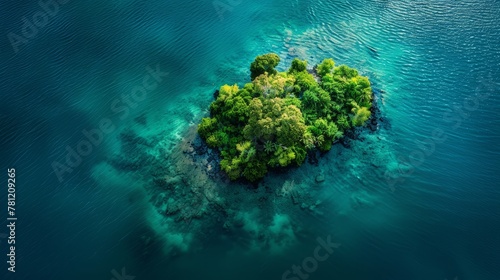 Drone photo capturing an isolated island surrounded by crystal-clear waters  lush tropical vegetation  the contrast of blue and green  peaceful and idyllic