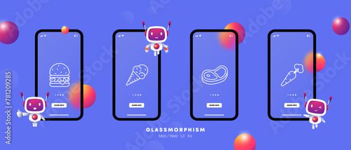 Food set icon. Carrots, natural product, burger, fast food, healthy junk and fatty food, steak, medium rare, ice cream, cone, gradient, yolk, white, delicacies, unusual food. Glassmorphism style.
