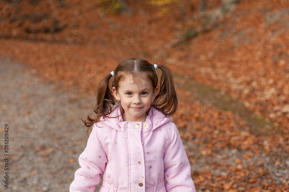 cute little girl in a jacket with two ponytails against the background of autumn foliage cute little girl in a jacket with two ponytails against the background of autumn foliage