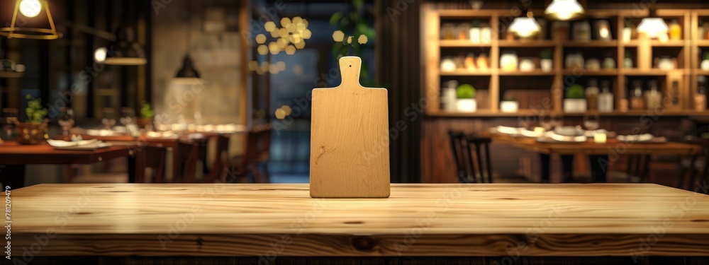Wooden kitchen table with empty wooden board for product presentation on blurred background Blurred Empty Wooden Table Background Cafe Restaurant Table, Wooden Table, Copy Space. Product Photography