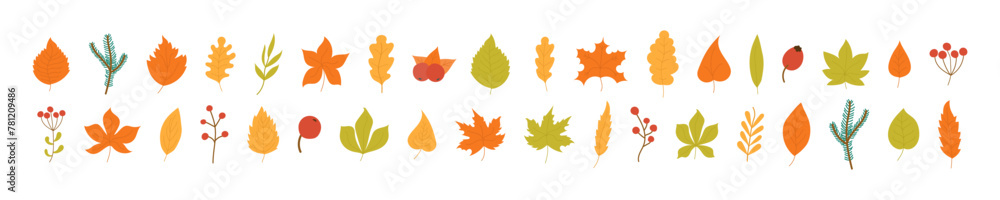 Для ИнтернетаSet of colorful autumn leaves and berries isolated on a white background. Yellow autumn garden leaf, red autumn leaf and fallen dry leaves. Simple cartoon flat style, vector illustration Для ИнтернетаSet of colorful autumn leaves and berries isolated on a white background. Yellow autumn garden leaf, red autumn leaf and fallen dry leaves. Simple cartoon flat style, vector illustration