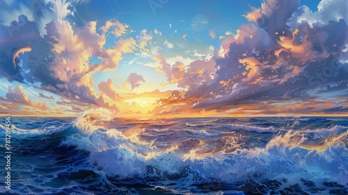 dynamic, blue sky, sea, the sky has sunset and afterglow, clouds flow into the distance, wall-paper, Photorealistic