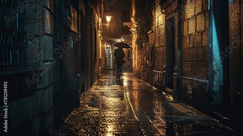 Lonely figure standing in a rain-soaked alleyway, dim streetlights casting long shadows, a sense of mystery and anticipation