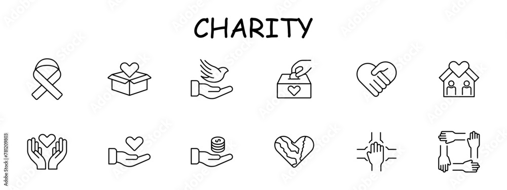 Donations icon set. Ribbon, fight cancer, hands, heart, offer, box, support, house, teamwork, bird, money, support. The concept of good nature and helping others. Vector line icon.
