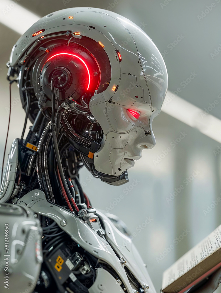 Fototapeta premium A humanoid robot reads a book to learn