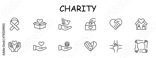 Donations icon set. Ribbon, fight cancer, hands, heart, offer, box, support, house, teamwork, bird, money, support. The concept of good nature and helping others. Vector line icon.