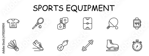 Sports set icon. Gloves, boxing, water, stopwatch, ping pong, pulse, barbell, tennis racket, sneakers, skates, air hockey, T shirt, shuttlecock. Healthy lifestyle concept. Vector line icon.