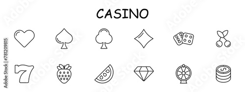 Casino icon set. Card suits, dice, slot machines, winning, excitement, diamond, cherry, chips, strawberry, seven, spade, diamond, hearts, crosses. Gambling concept. Vector line icon.