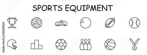 Sports set icon. Shoes, soccer ball, skittles, podium, medal, first place, rugby, volleyball, bowling ball, outdoor activity, useful hobby, . Healthy lifestyle concept. Vector line icon.
