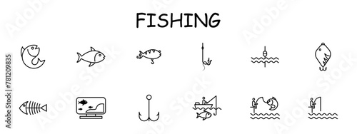 Fishing icon set. Camping, skeleton, fishing line, fisherman, sea, pond, catch, hook, float, hook, underwater creature, perch, silhouette, . Active recreation concept. Vector line icon.