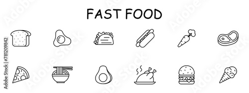 Delicacy set icon. Bread, shawarma, eggs, fried eggs, ice cream, carrots, steak, burger, sausage in dough, grilled chicken, pizza, noodles, street food, unusual food. Vector line icon.