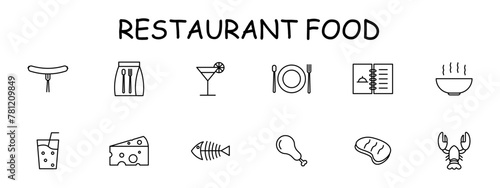 Food set icon. Glass, alcohol, hot dish, steak, skeleton, fish, cheese with holes, chicken, bone, spoon, fork, menu, cocktail, packed lunch. Culinary dishes concept. Vector line icon.
