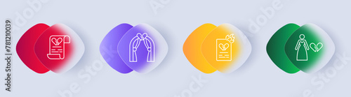 Breaking up icon set. Broken heart, document, text, woman, dress, crown, fire, fire, schism, decay, end, divorce, gradient. Relationship ending concept. Glassmorphism style.