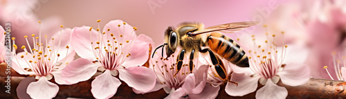 A bee is sitting on a pink flower. The flower is surrounded by other pink flowers. The bee is the main focus of the image