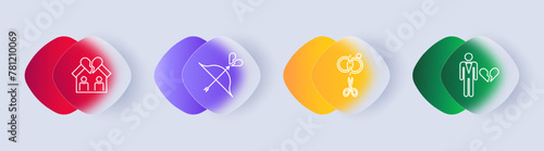 Breaking up icon set. Broken heart, house, cohabitation, bow, string, arrow, wedding rings, scissors, man, split, breakup, end, divorce, gradient. Relationship ending concept. Glassmorphism style.