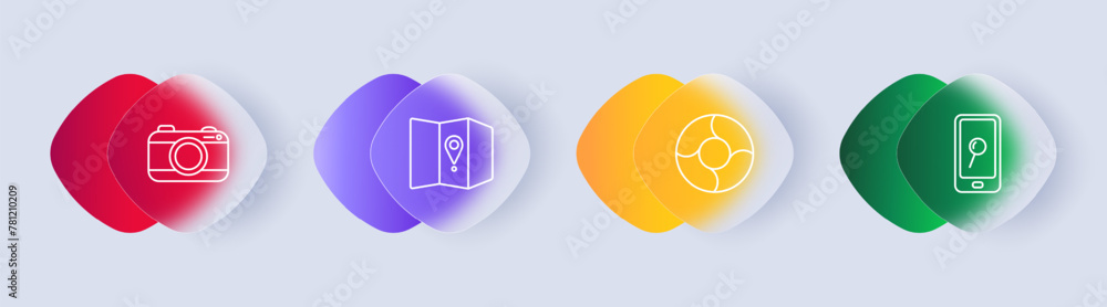 Travel set icon. Camera, telephone, sovereign technology, maps, geolocation, location, lifebuoy, search, magnifying glass, gradient, hobby, rest. Tourism and wandering concept. Glassmorphism style. Travel set icon. Camera, telephone, sovereign technology, maps, geolocation, location, lifebuoy, search, magnifying glass, gradient, hobby, rest. Tourism and wandering concept. Glassmorphism style.