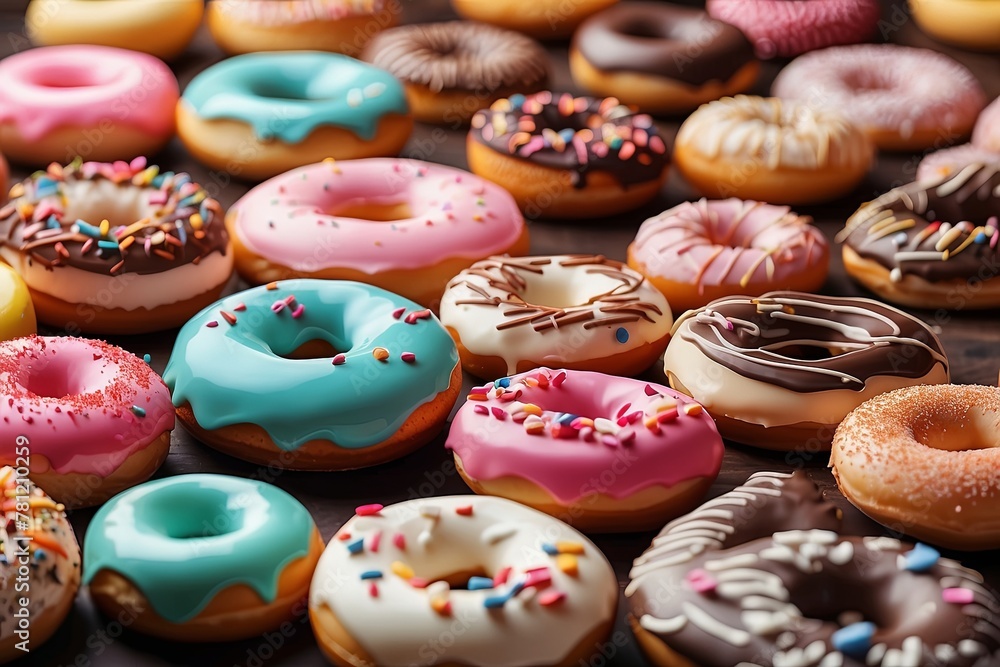 a lot of delicious colorful donuts on the table