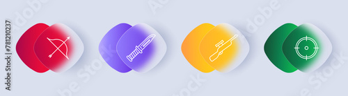 Weapon set icon. Sniper rifle, scope, bolt gun, gradient, knife, handle, bow, string, arrow, crosshair. Concept of hunting and hunting equipment. Glasmorphism style.