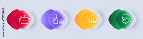 Travel set icon. Funicular, cable, cabin, fork, pointer, sign, binoculars, lens, gradient, stove, firewood, hobby, rest. Tourism and wandering concept. Glassmorphism style.