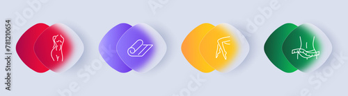 Female beauty set icon. Beautiful female figure, depilation, depilatory strips, comb, skin care, collagen, hydrogen, beauty, mat, beauty, gradient. Self care concept. Glassmorphism style.