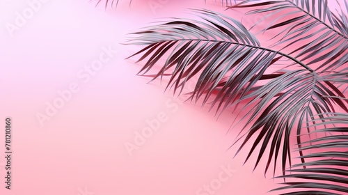 pink summer background with palm leaves and shadow, copy space