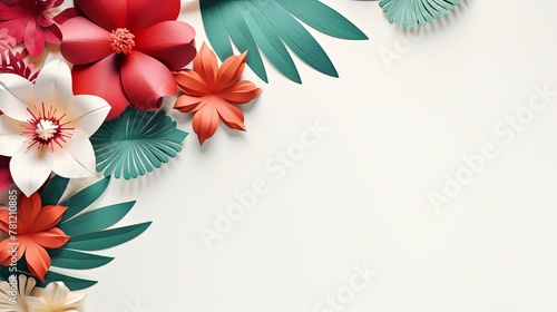 Paper flowers with palm leaves on white background with copy space. Abstract natural floral frame layout. summer banner