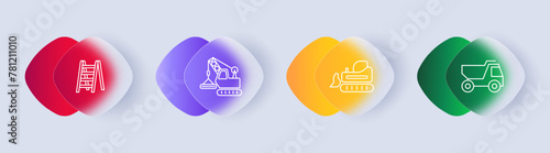 Construction set icon. Repair supplies, equipment, gradient, ladder, heavy equipment, crane, hoist, Kamaz, transport vehicle, tracks. Construction equipment concept. Glassmorphism style.