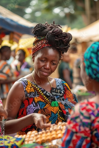 At a bustling market stall, a black business woman showcases her handmade goods to an interested customer, their interaction highlighting the beauty of artisanal craftsmanship