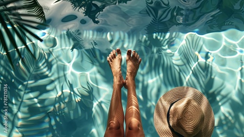 female beautiful legs and straw hat in a swimming pool with clear blue water under palm leaves photo
