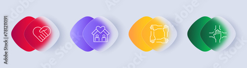 Command icon set. Heart, hand, palm, silhouette, teamwork, square, figure, house, people, relationships, communication, gradient. All for one and one for all concept. Glassmorphism style.