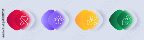 Charity icon set. Ribbon, fight against cancer, rehabilitation, donations, charity, hand, bird, piggy bank, coin, gradient. Giving your money for benefit of others concept. Glassmorphism style.