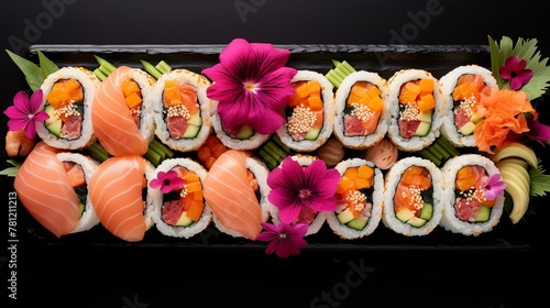 sushi set on pink pastel background