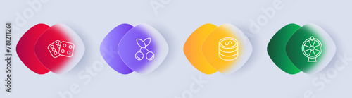 Casino set icon. Dice, six, four, playing wheel, bit, win, lose, cherry, slot machine, chips, bet, gradient. Gambling, allure and excitement of the gaming world concept. Glassmorphism style.