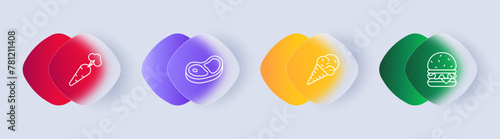 Food set icon. Carrots, natural product, burger, fast food, healthy junk and fatty food, steak, medium rare, ice cream, cone, gradient, yolk, white, delicacies, unusual food. Glassmorphism style.